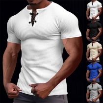 Casual Comfy Lace-up Round Neck Short Sleeve Men's Shirt