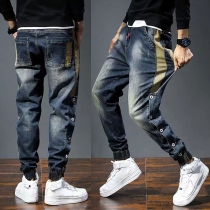 Street Fashion Side Button Old-washed Denim Jeans for Men