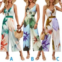 Fashion Floral Printed V-neck Front Cutout Straight-cut Jumpsuit