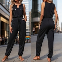 Street Fashion Half-zip Round Neck Sleeveless Drawstring Waist Jumpsuit