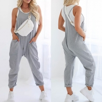 Casual Round Neck Patch Pockets Loose Gray Jumpsuit