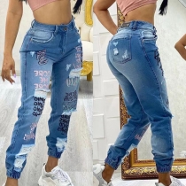Street Fashion Letter Printed Distreeted Old-washed Denim Jeans