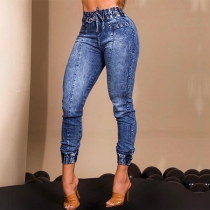 Street Fashion Elastic Waist Old-washed Denim Skinny Jeans