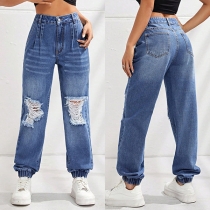 Street Fashion Old-washed Distressed High-rise Denim Jeans