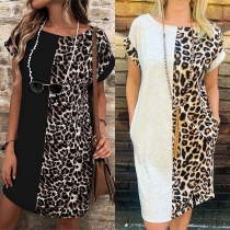 Casual Contrast Color Leopard Printed Round Neck Short Sleeve Mini Dress