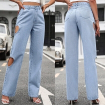 Street Fashion Heart Shape Cutout High-rise Straight-cut Denim Jeans