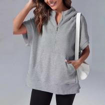 Street Fashion Half-zip Short Sleeve Kangroo Pockets Sporty Sweatshirt