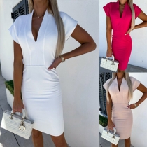 Fashion Solid Color V-neck Short Sleeve Bodycon Dress
