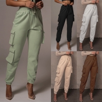 Fashion Solid Color Elastic Drawstring Waist Side Patch Pockets Sweatpants
