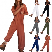 Casual Solid Color Round Neck Elbow Sleeve Patch Pockets Jumpsuit