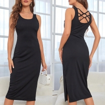 Fashion Solid Color Square Neck Sleeveless Criss-cross Backless Slit Bodycon Dress