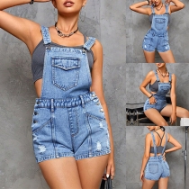 Street Fashion Patch Pockets Button Distreeted Old-washed Denim Suspender Romper
