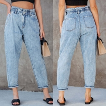 Fashion Elastic Waist Old-washed Denim Jeans