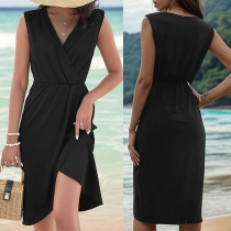 Fashion V-neck Sleeveless Slit Black Dress