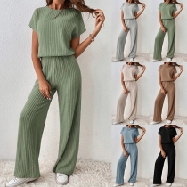 Fashion Ribbed Two-piece Set Consist of Round Neck Shirt and Straight-cut Pants