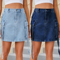 Fashion Side Pockets Old-washed Denim Skirt