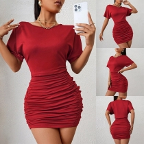 Fashion Solid Color Round Neck Short Sleeve Ruched Bodycon Dress