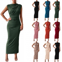 Fashion Solid Color Mock Neck Sleeveless Ruched Bodycon Midi Dress