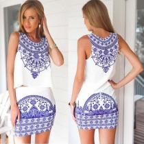 Fashion Blue and White Porcelain Print Tops + Skirt Two-piece Set