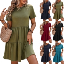 Fashion Solid Color Round Neck Short Sleeve Tiered Dress