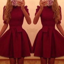 Fashion Solid Color Puff Sleeve Gathered Waist Dress