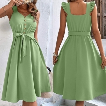 Fashion V-neck Button Self-tie Green Dress