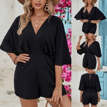 Casual V-neck Elbow Sleeve Romper