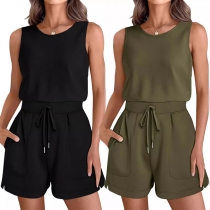 Casual Solid Color Round Neck Sleeveless Drawstring Waist Romper