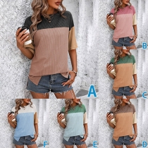 Fashion Contrast Color Round Neck Short Sleeve Ribbed Shirt
