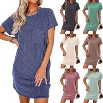 Casual Solid Color Round Neck Short Sleeve Patch Pockets Ribbed Dress