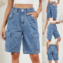 Street Fashion Side Patch Pockets Old-washed Denim Shorts