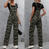 Street Fashion Camouflage Printed Straight-cut Denim Suspender Jumpsuit