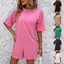 Casual Solid Color Round Neck Short Sleeve Side Patch Pockets Romper
