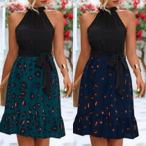 Fashion Halterneck Sleeveless Leopard Printed Self-tie Mini Dress