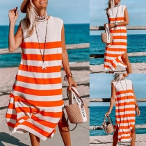 Fashion Contrast Color Stripe Printed Round Neck Sleeveless Side Slit Dress
