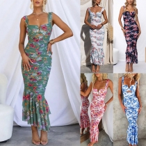 Fashion Floral Printed V-neck Ruched Fishtail Bodycon Dress
