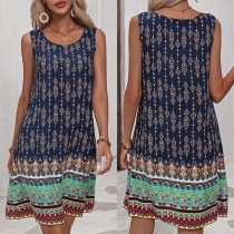 Bohemian Style Floral Printed Round Neck Sleeveless Loose Dress