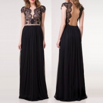 Elegant Lace Spliced Backless Pleated Maxi Dress