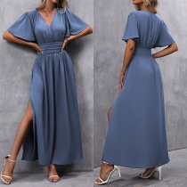 Fashion Solid Color V-neck Short Sleeve Cinch Waist Slit Maxi Dress