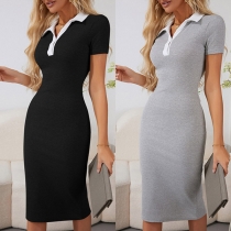 Fashion Contrast Color Stand Collar Short Sleeve V-neck Bodycon Dress