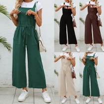 Casual Solid Color Square Neck Patch Pockets Straight-cut Pants