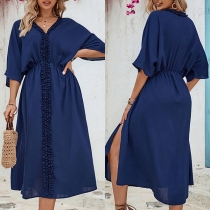 Casual Lace Spliced V-neck Batwing Sleeve Loose Dress