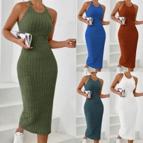 Fashion Solid Color Halterneck Sleeveless Ribbed Bodycon Dress