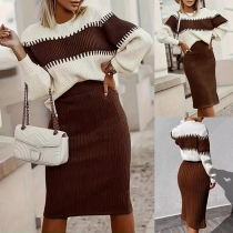Fashion Contrast Color Knitted Two-piece Set Consist of Sweater and Skirt