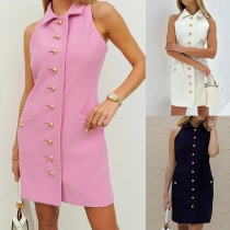 Elegant Stand Collar Sleeveless Front Button Suit Dress
