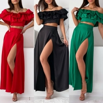 Fashion Two-piece Set Consist of Ruffled Off-the-shoulder Crop Top and Slit Skirt