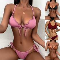 Sexy Self-tie Ribbed Two-piece Bikini Set