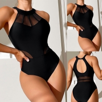 Fashion Gauze Spliced Halterneck Backless One-piece Swimming Suit/Monokini