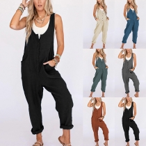 Casual Solid Color Front Button Round Neck Sleeveless Patch Pockets Loose Jumpsuit
