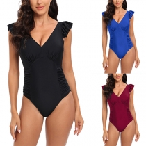 Sexy Ruffle Sleeveless V-neck Side Ruched One-piece Swimming Suit/Monokini